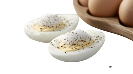 Hard boiled eggs halved with pepper and salt, fitness snack concept