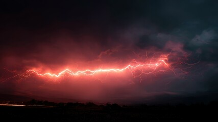 Fototapeta premium Dramatic red lightning streaks across the dark sky over a silhouetted landscape.