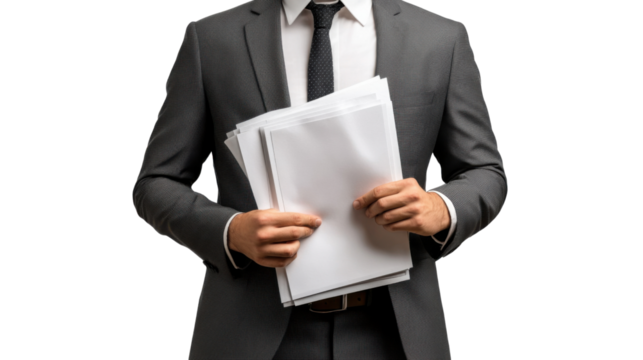 Professional Holding Documents: A smartly dressed individual in a professional suit, tie, and belt securely holds a stack of pristine documents, presenting a sense of professionalism and competence.