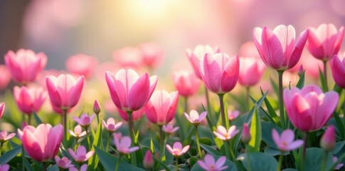 Fototapeta premium Delicate floral wave with pink hearts gently swaying in a spring garden, spring garden, delicate flowers, nature