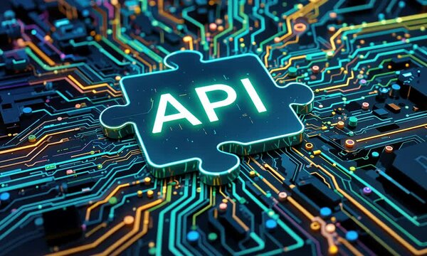Glowing API puzzle piece on digital circuit board with cyber blue light. Concept of software integration and programming interface