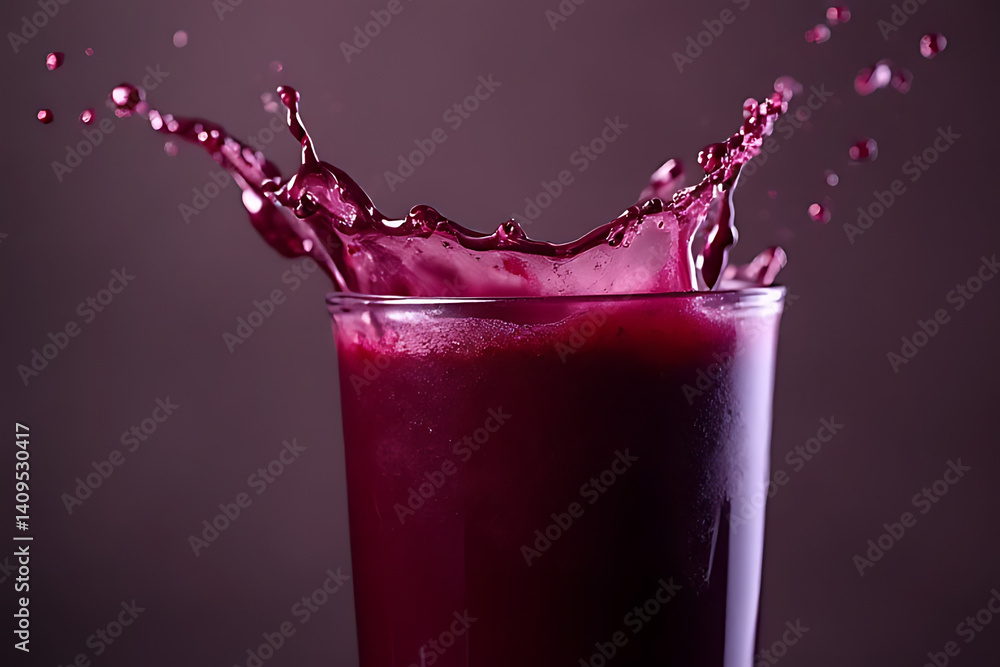 Poster Dynamic juice splashing action studio photography dark background close-up refreshment concept