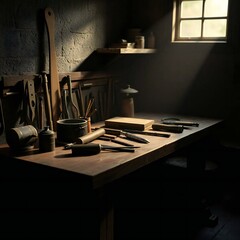3D rendering of a workbench with artisan tools, depicted in a moody style with gentle soft light