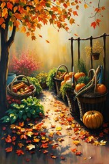 A bold acrylic painting with strong hard light and a soft dreamy atmosphere, showcasing an autumn harvest garden with baskets of ripe vegetables