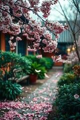 A cinematic garden scene in warm terracotta and cool teal, featuring delicate cherry blossoms