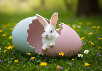 Fototapeta premium A fluffy white baby rabbit dressed as the Easter Bunny, sitting inside a large, cracked, pastel-colored Easter egg in a vibrant spring meadow filled with wildflowers, sunny day