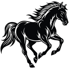 Galloping Black Horse Silhouette, Illustration, Isolated on White Background, Mane Flowing