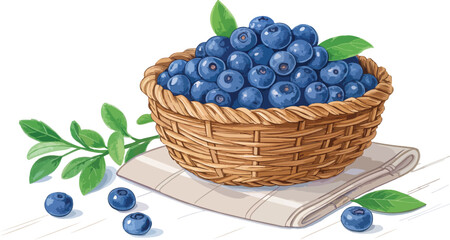Blueberry in wicker basket on table in isolated background vector design, Blueberry vector design