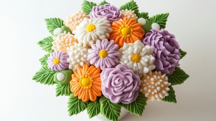 A beautifully crafted bouquet combines the allure of flowers with the appeal of colorful cupcakes, all presented in an elegant vase