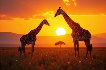 Fototapeta premium Giraffes grazing under a warm sunset, their spots blend with the fading light , grasslands, open range