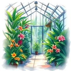 Color sketchnote style digital painting of a glass greenhouse filled with lush tropical plants and exotic flowers