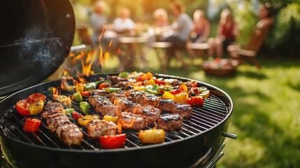 Sizzling barbecue feast in a sunny garden with friends enjoying a lively summer afternoon
