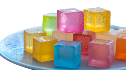 Jelly cubes in vibrant colors on a plate, translucent and shiny