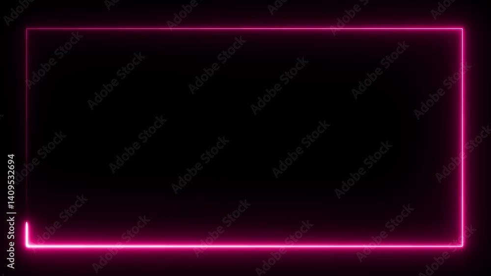 Wall mural glowing neon rectangle frame icon animation on black background. rectangular frame made of two movin