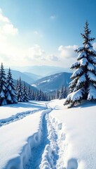 Obraz premium Snowy landscape with trees and hills in the distance, empty space, mountains, blank backdrop