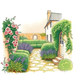 Hand-drawn sketch, color sketchnote style, idyllic English cottage garden climbing roses