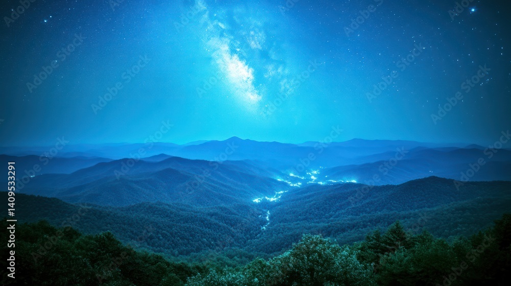 Wall mural nighttime mountain vista under a vibrant blue milky way.