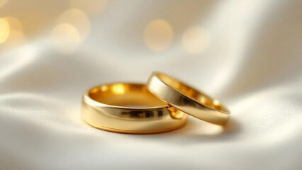 Golden wedding rings on white fabric.