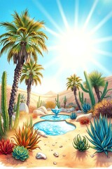 Soft dreamy atmosphere, bright lens flare. Hand-drawn sketch in color sketchnote style desert oasis garden with succulents, palm trees, sparkling water feature, sandy terrain, clear blue sky