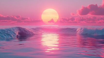 Magical horizon with giant sun in pink and yellow tones reflecting on gentle waves, wide-angle shot, futuristic and calm coastal mood  
