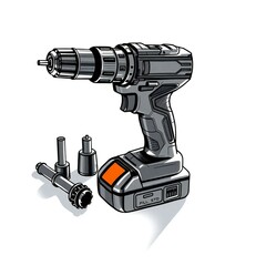  Strong hard light, intense jet black hand-drawn sketch of a cordless drill and attachments on a sleek surface