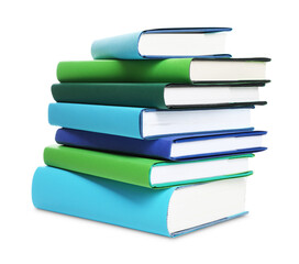 Stack of colorful books on white background
