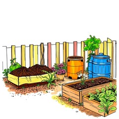 Vibrant complementary colors create a graceful and elegant hand-drawn sketch of a sustainable garden featuring compost piles, rain barrels, and raised beds, in a balanced color sketchnote style