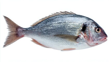 Obraz premium A fresh sea bream fish isolated on white, ready for cooking or culinary use.