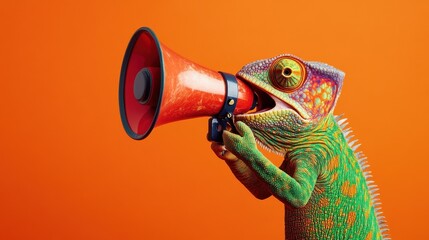 Fototapeta premium Creative announcement concept. A vibrant chameleon appears to be shouting into a megaphone against a solid orange background, showcasing a playful mix of wildlife