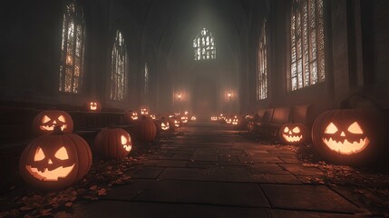 Jack-o'-lanterns illuminate a dimly lit church aisle creating an eerie Halloween atmosphere Perfect for spooky season greetings or Halloween themed designs