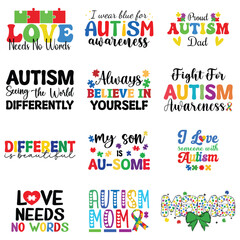 Collection of Autism Awareness Typography T-shirt Vector, Autism quotes Shirt Design, Autism Awareness Day illustration
