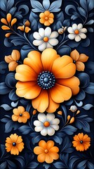 Bright Floral Phone Wallpaper   Orange & White Flowers with Intricate Details on Dark Blue Background | Nature Mobile Background in 4K HD

