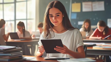 Young girl sitting at desk in classroom holding tablet and engaging with teacher School supplies and other students in background busy with activities