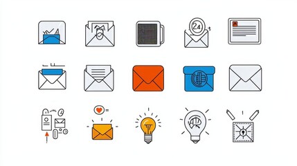 A collection of digital icons representing email and letter related functions