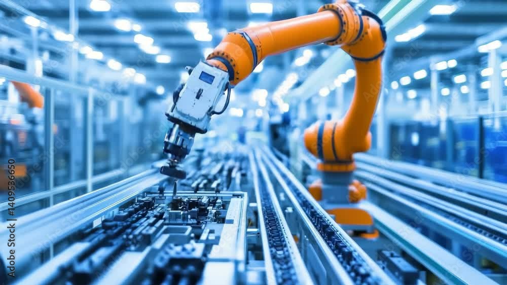 Poster Orange robotic arm working on an automated assembly line.