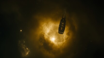 Dark, golden space vessel navigating a nebula.