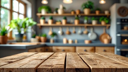 Rustic Kitchen Interior Design Wooden Table, Plants, and Shelves