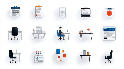 A collection of tax and accounting related icons for a high tech business workplace