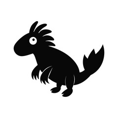Black silhouette of a cartoonish creature with a spiky crest and a fin tail.