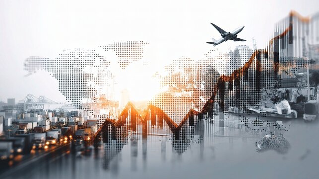 Global Business Growth Investment Graph with World Map and Airplane