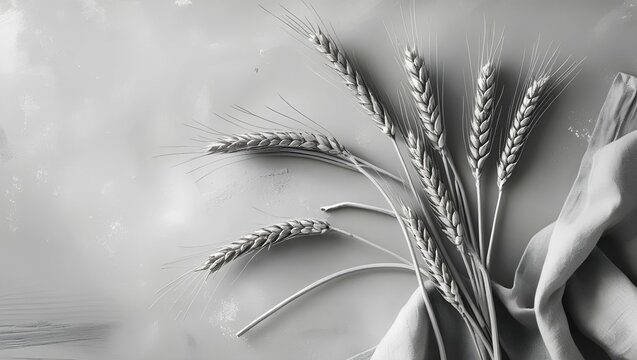 Monochrome Wheat Ears on Light Background with Fabric, A high-contrast black and white photo showcasing a composition of wheat ears arranged on a light textured surface. 