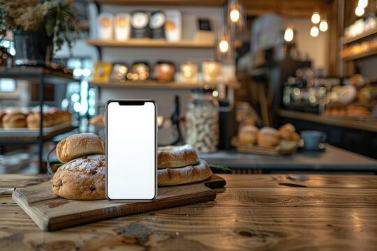 Smartphone with blank white screen on wooden table in bakery among freshly baked bread, perfect for showcasing apps, websites or digital mockup - Powered by Adobe