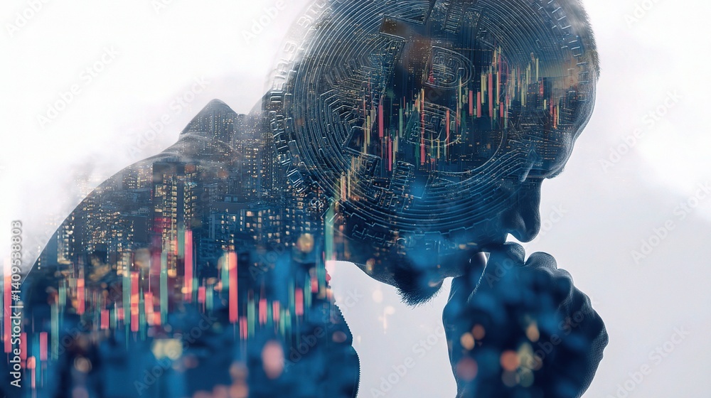 Poster trader analyzing bitcoin price trends with crypto market visualization