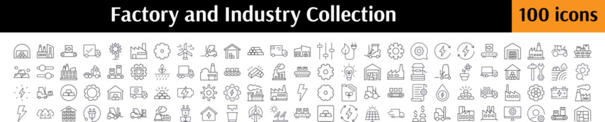 Collection of Industry Related Line Icons. Factory, Warehouse, Gear, Agriculture Outline Signs for Graphic and Web Design, Apps, Adverts, Various Cards