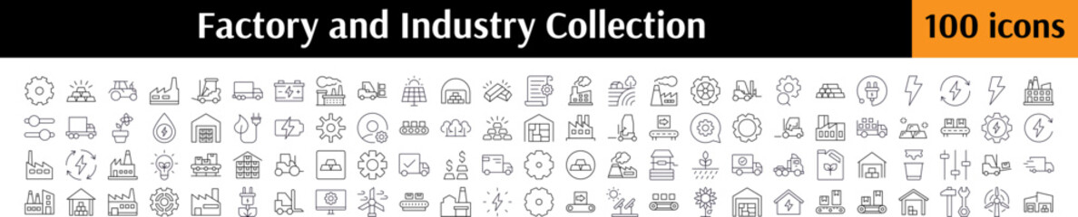 Set of Industry Related Line Icons. Factory, Warehouse, Gear, Agriculture Outline Signs for Graphic and Web Design, Apps, Adverts, Various Cards