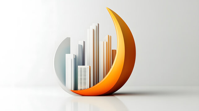 Abstract Cityscape With Crescent Moon In Modern Architectural Design Concept With Clean Minimalist Style And Orange Accent On White Background
