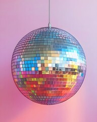disco ball hanging with pink gradient background 