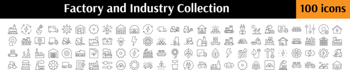 Industry Line Icon Set. Factory, Warehouse, Gear, Agriculture Outline Signs for Graphic and Web Design, Apps, Adverts, Various Cards