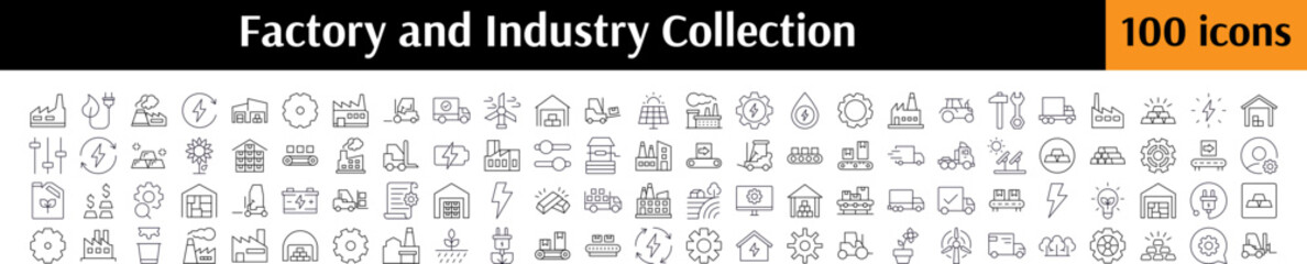 Industry Line Icon Collection. Factory, Warehouse, Gear, Agriculture Outline Signs for Graphic and Web Design, Apps, Adverts, Various Cards