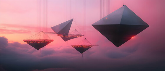 Floating City Structures in a Pink Sunrise Sky